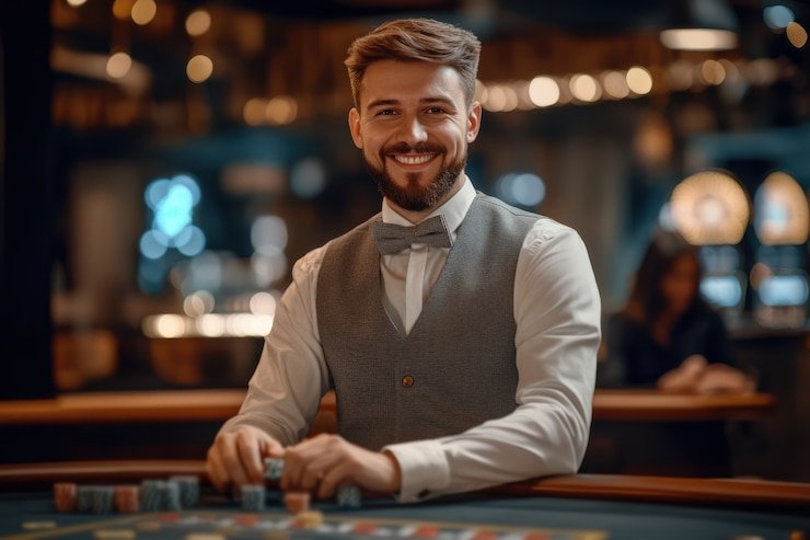Live Roulette dealer at slotvigor studio spinning the wheel with betting interface on mobile phone screen